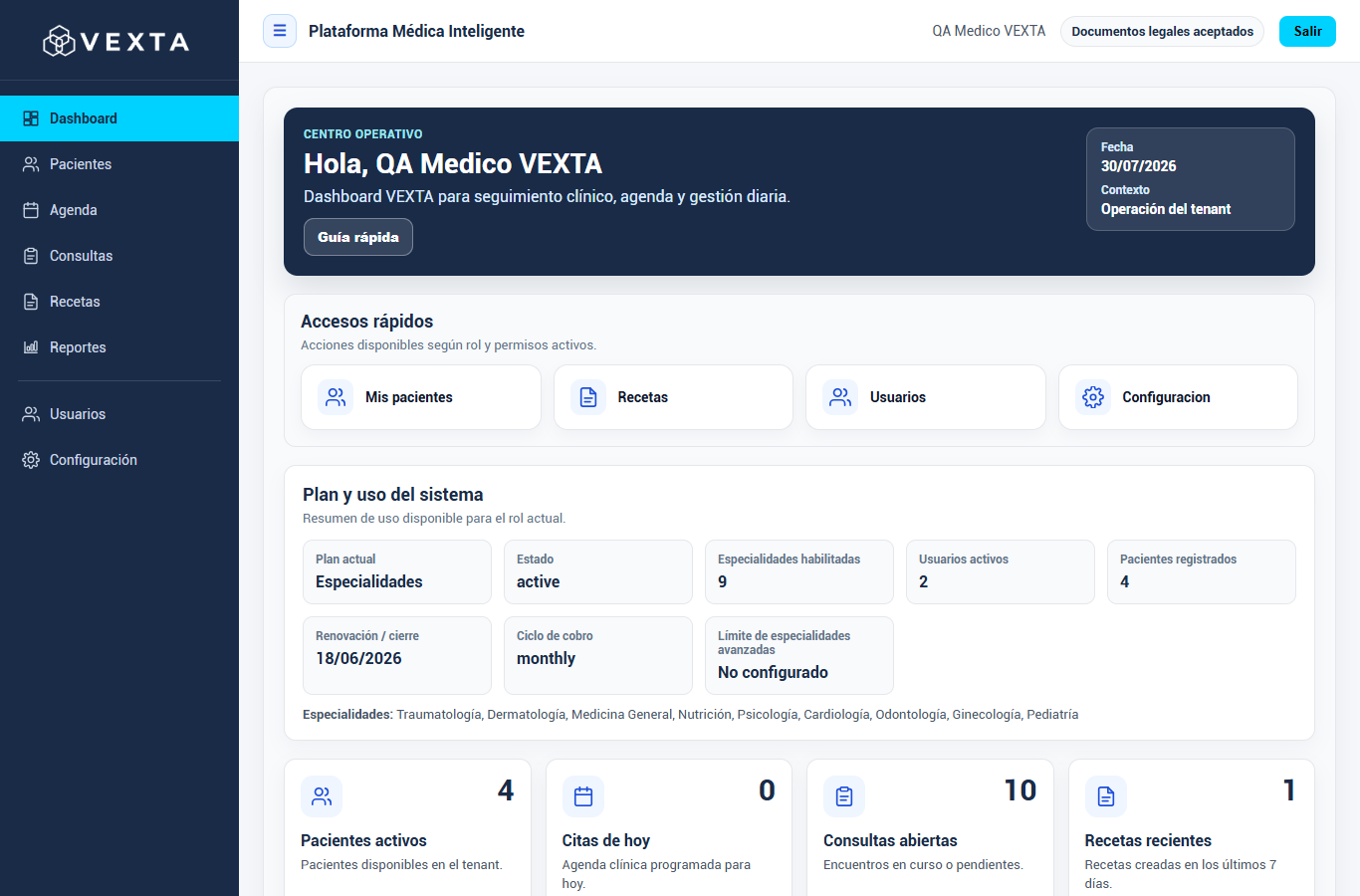 Dashboard operativo de VEXTA