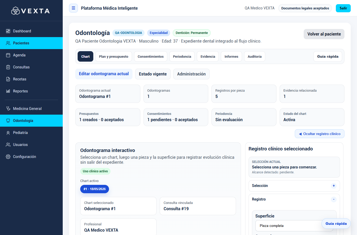 Odontología con odontograma, plan, evidencia y PDF