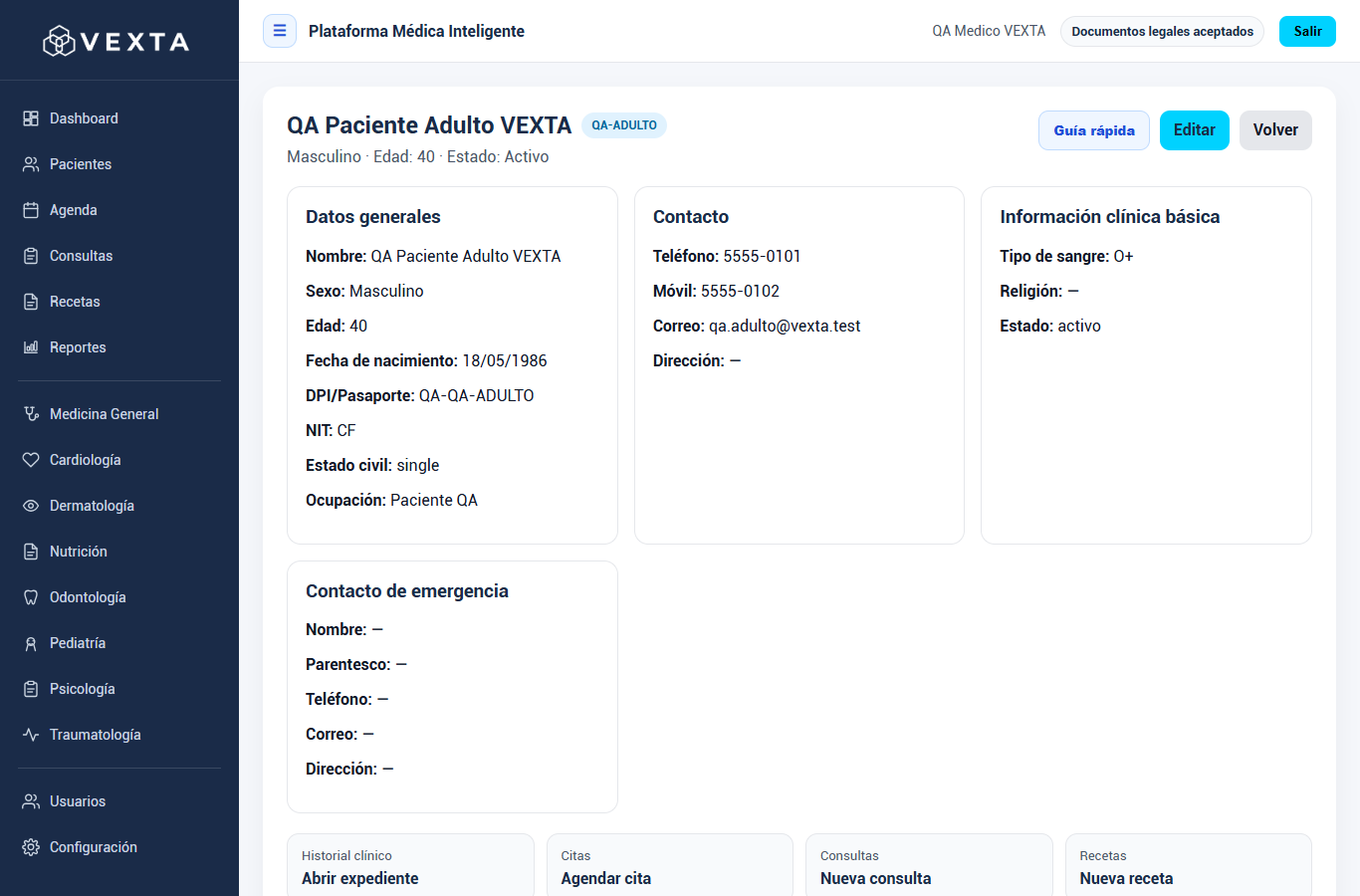 Especialidades listas para demo, no una pantalla vacía